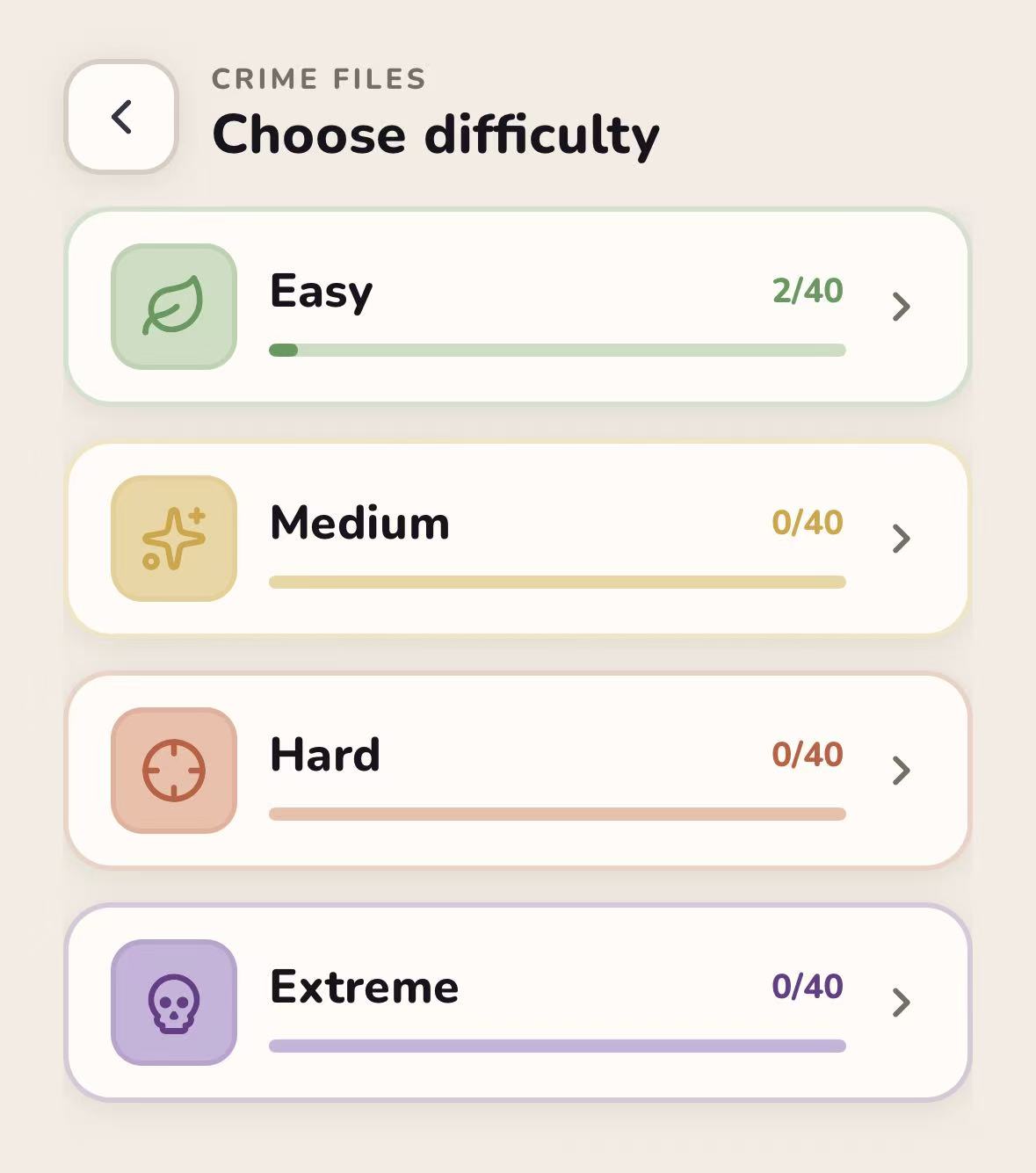 Pantalla de dificultad con grupos Easy, Medium, Hard y Extreme.