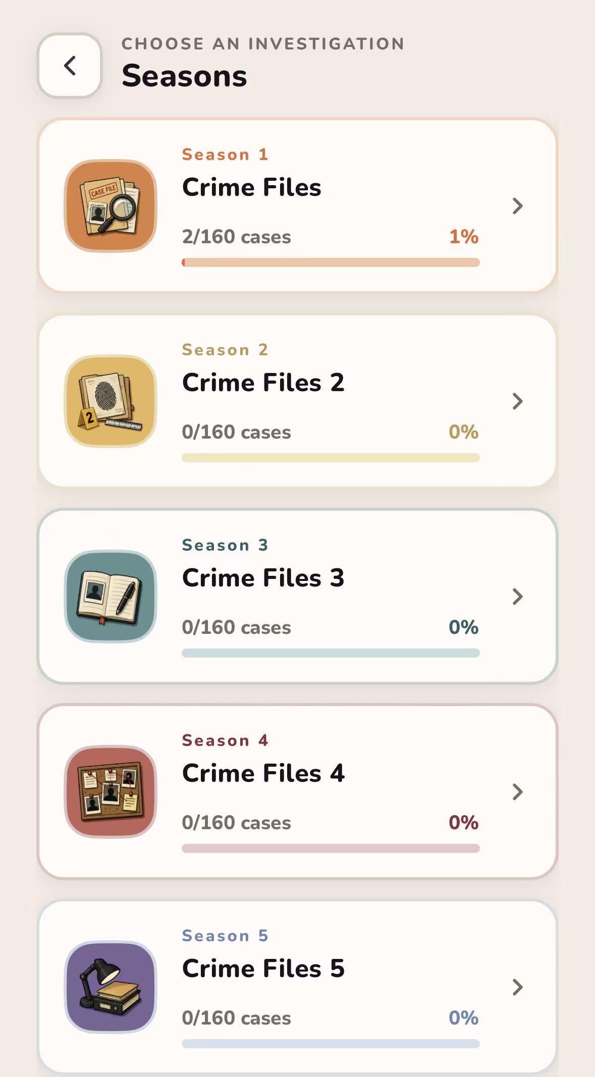 Lista de temporadas con varios Crime Files y barras de progreso.
