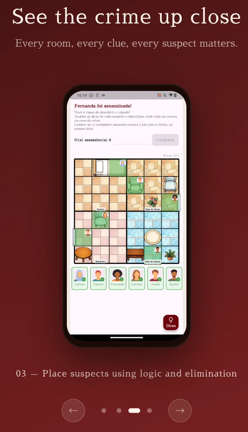 Partida móvil oficial de Casedoku con cuadrícula y sospechosos