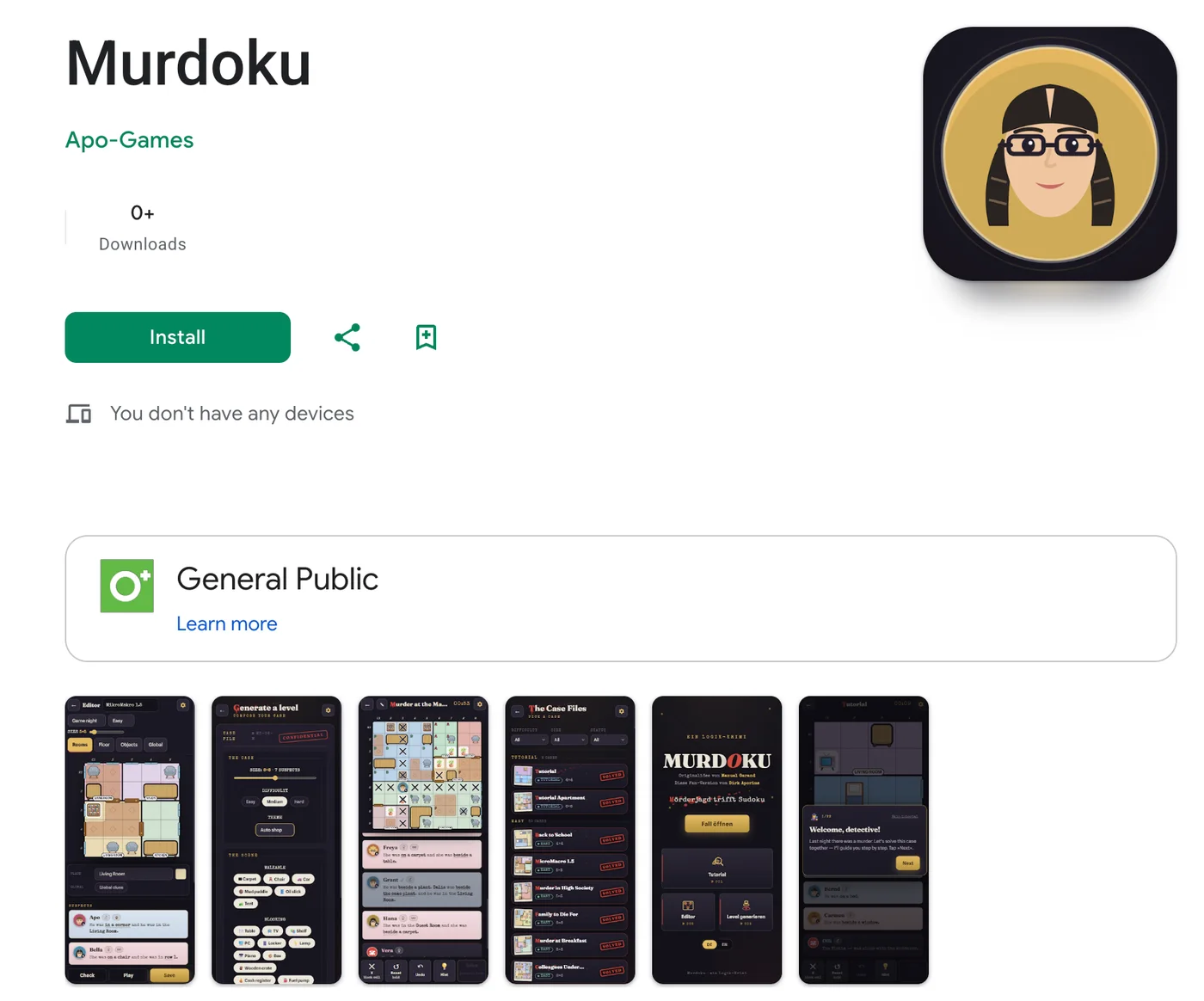 Murdoku listing published by Apo-Games on Google Play