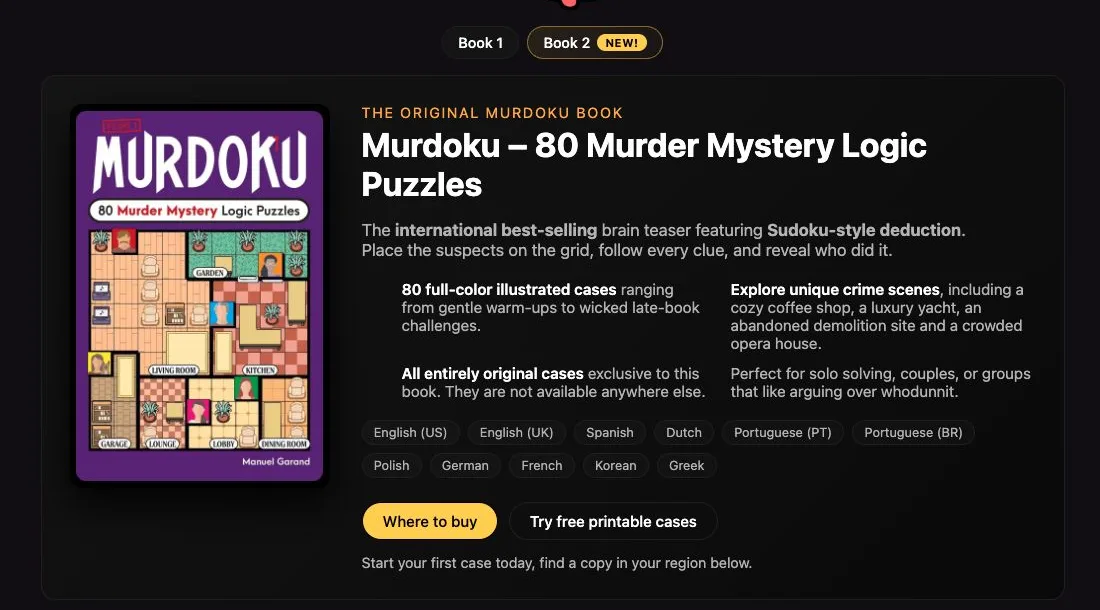 Página oficial de libros Murdoku que muestra el rompecabezas físico