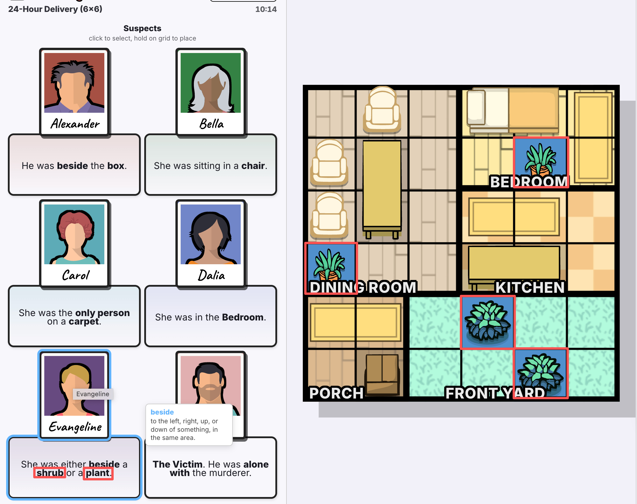 Official Murdoku interface showing a hovered suspect card and highlighted clue keywords on the board