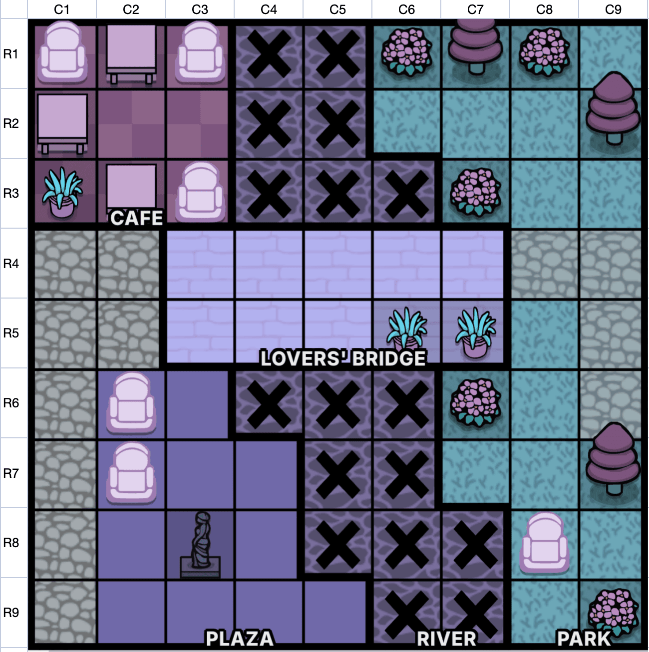 Date Night / Noche de cita mapa de coordenadas de Murdoku - columnas C1-C9 y filas R1-R9