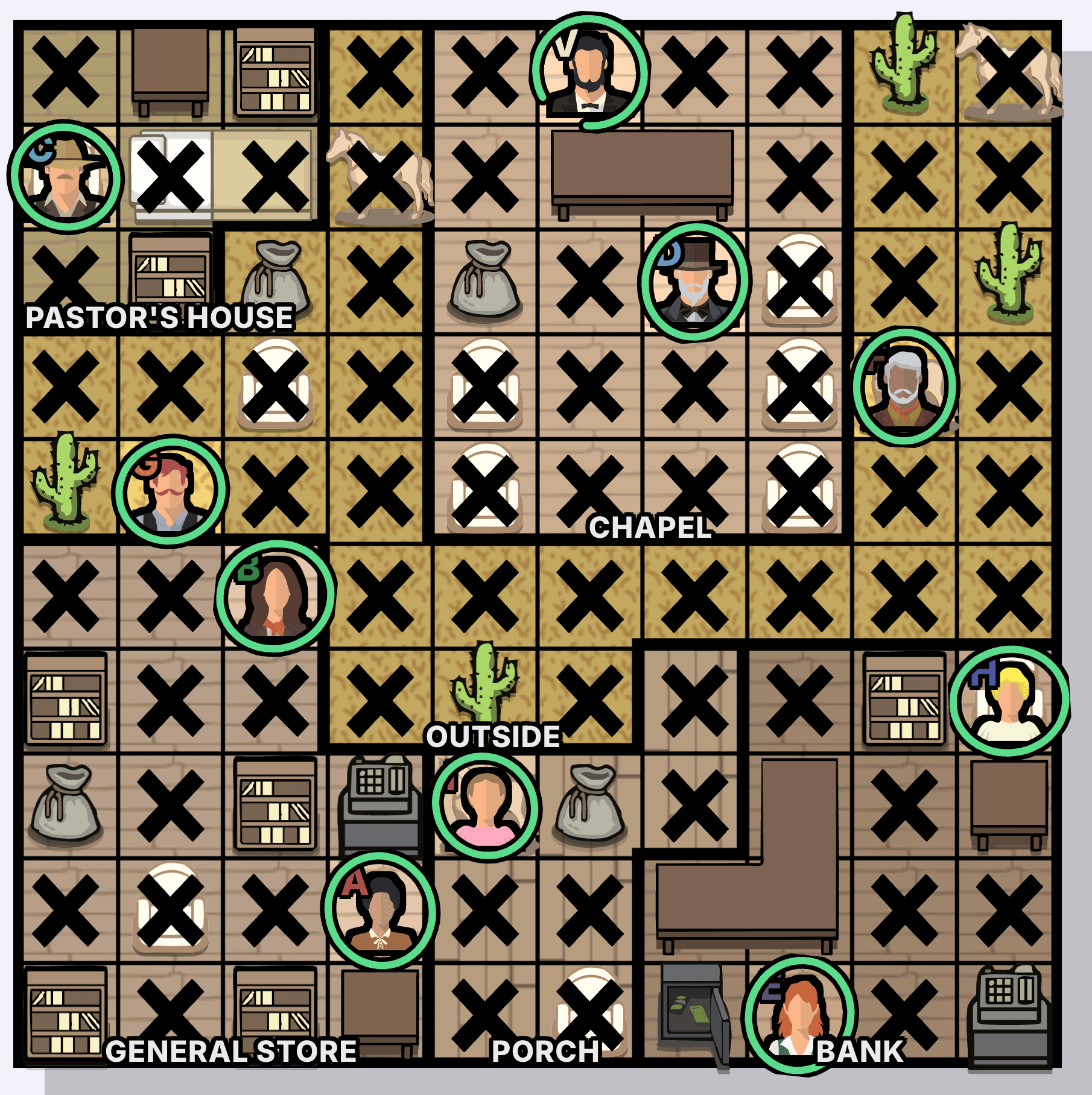 Frontier Town Murdoku solution - solved board