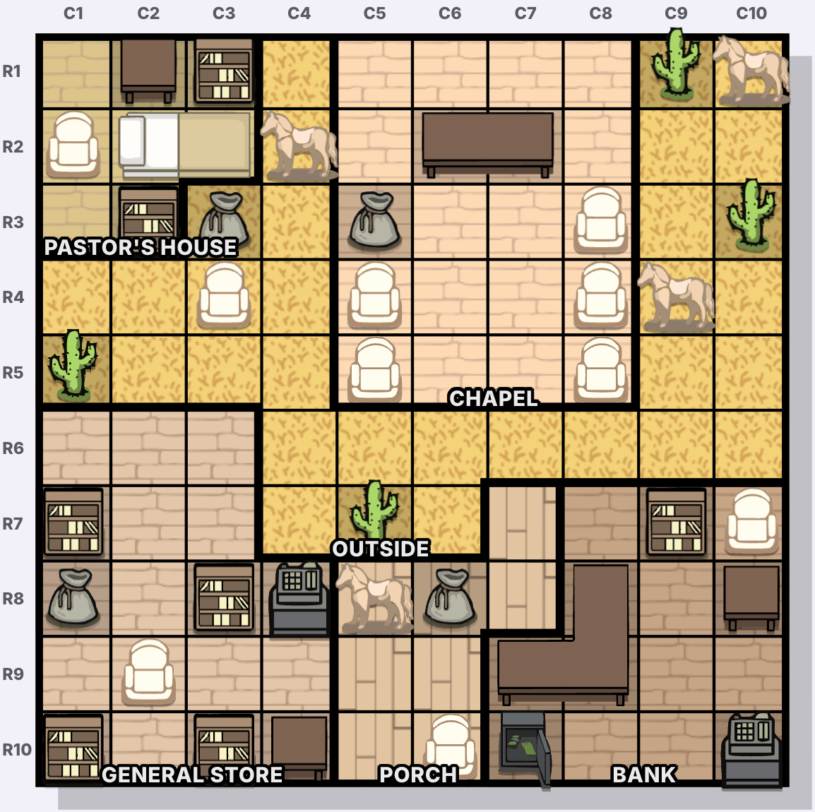Frontier Town Murdoku coordinate map - columns C1-C10 and rows R1-R10