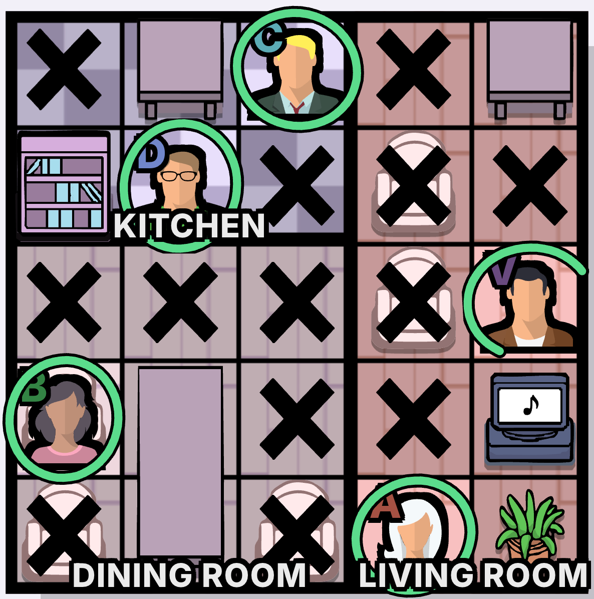 House Party / La fiesta en casa Murdoku solución - tablero resuelto