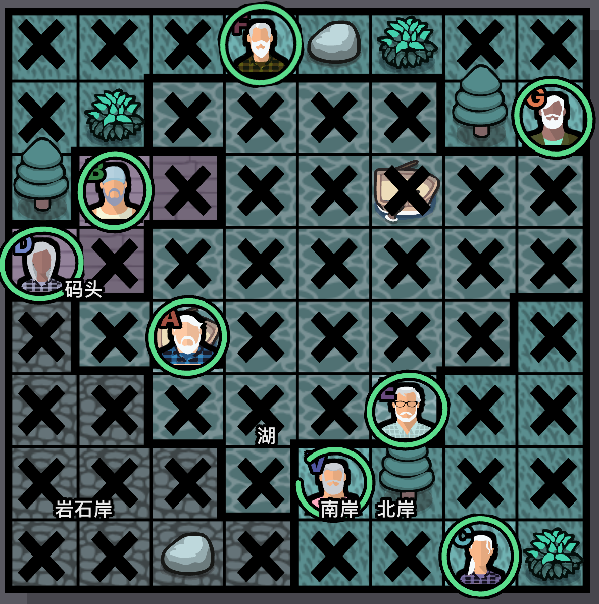 Lake Fishing Murdoku solution - solved board