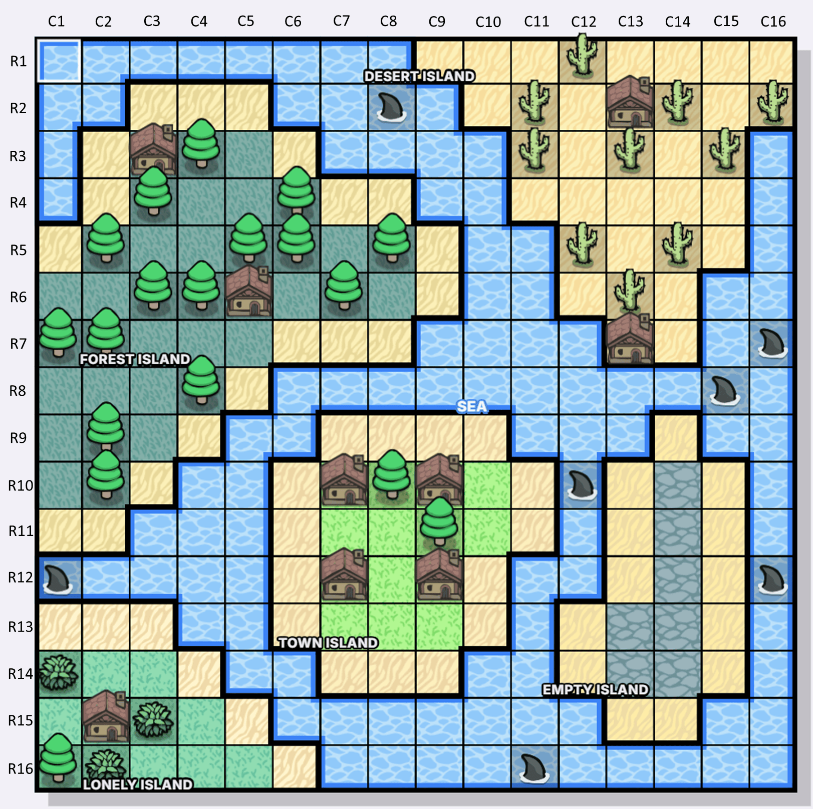 Mystery Islands / Islas misteriosas mapa de coordenadas de Murdoku - columnas C1-C16 y filas R1-R16