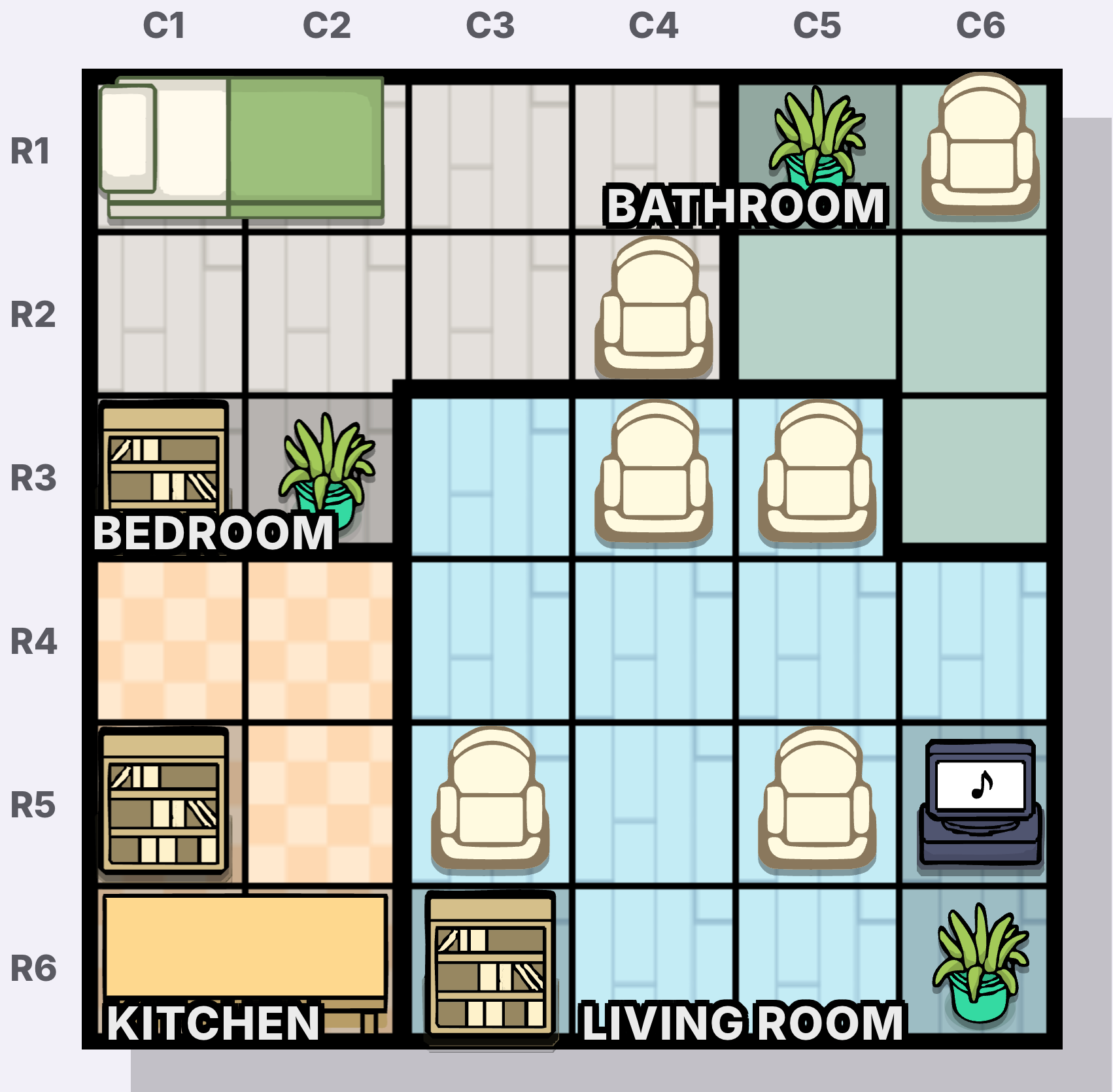 Netflix and Kill Murdoku coordinate map - columns C1-C6 and rows R1-R6