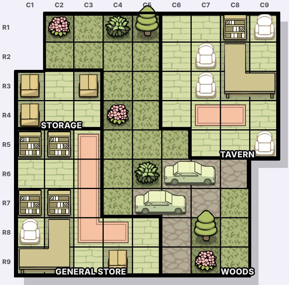 The Remote Village Murdoku coordinate map - columns C1-C9 and rows R1-R9