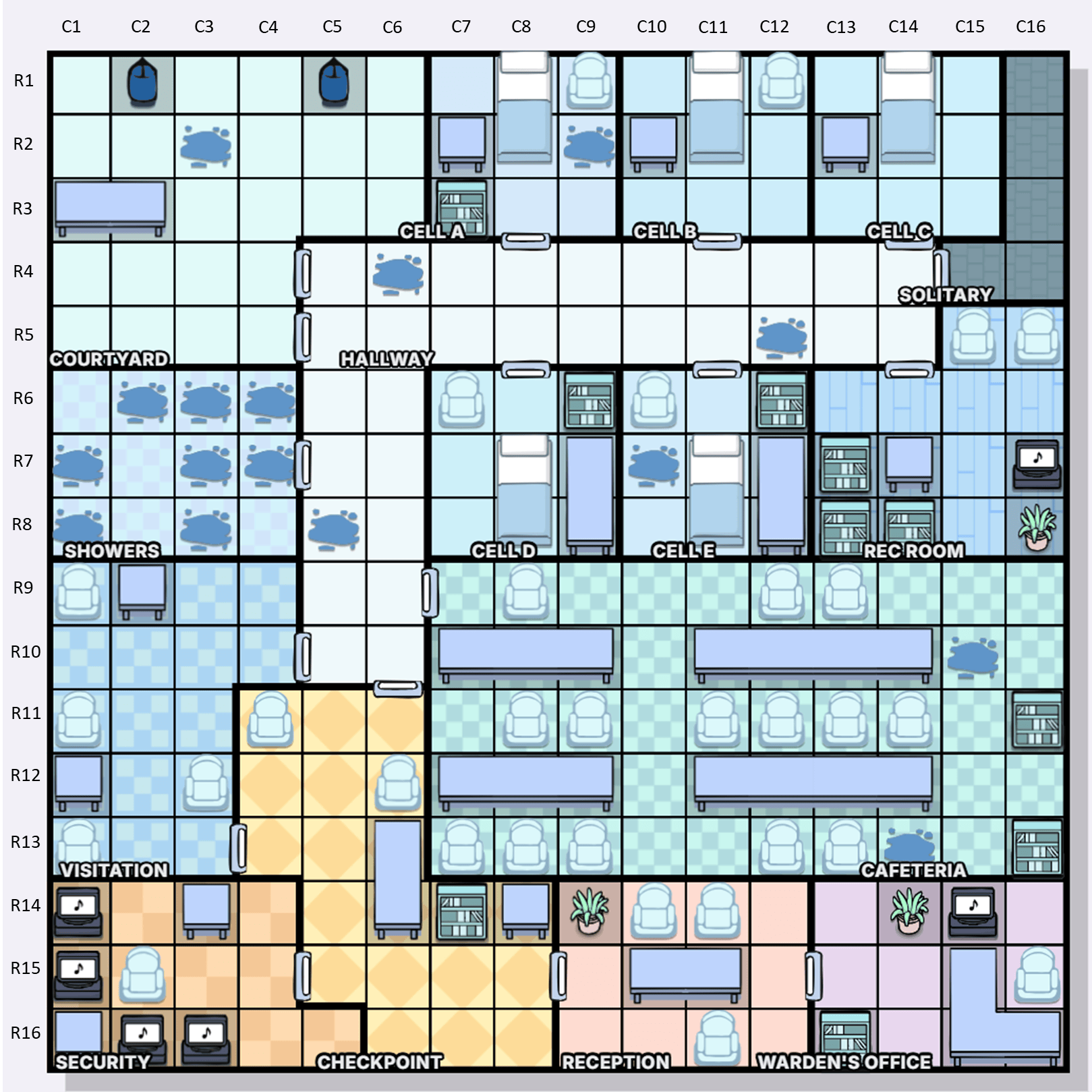 单独监禁 Murdoku 坐标地图 — C1-C16 列与 R1-R16 行