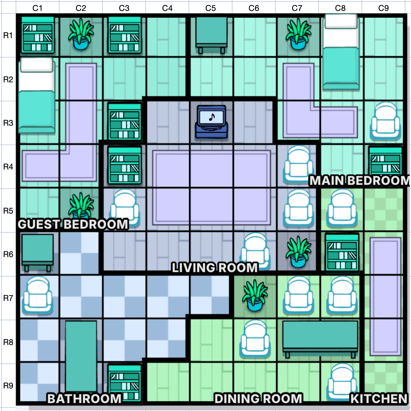 Surprise Visitors / Visitantes sorpresa mapa de coordenadas de Murdoku - columnas C1-C9 y filas R1-R9