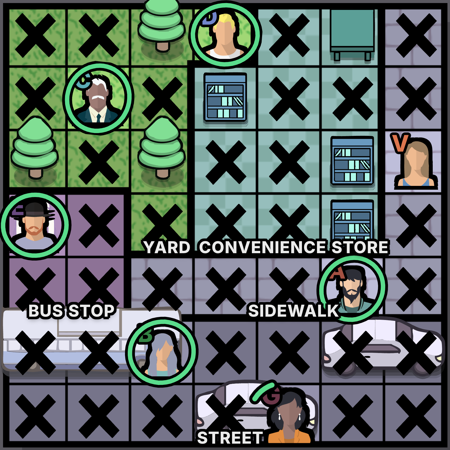 The Bus Stop Murdoku solution - solved board