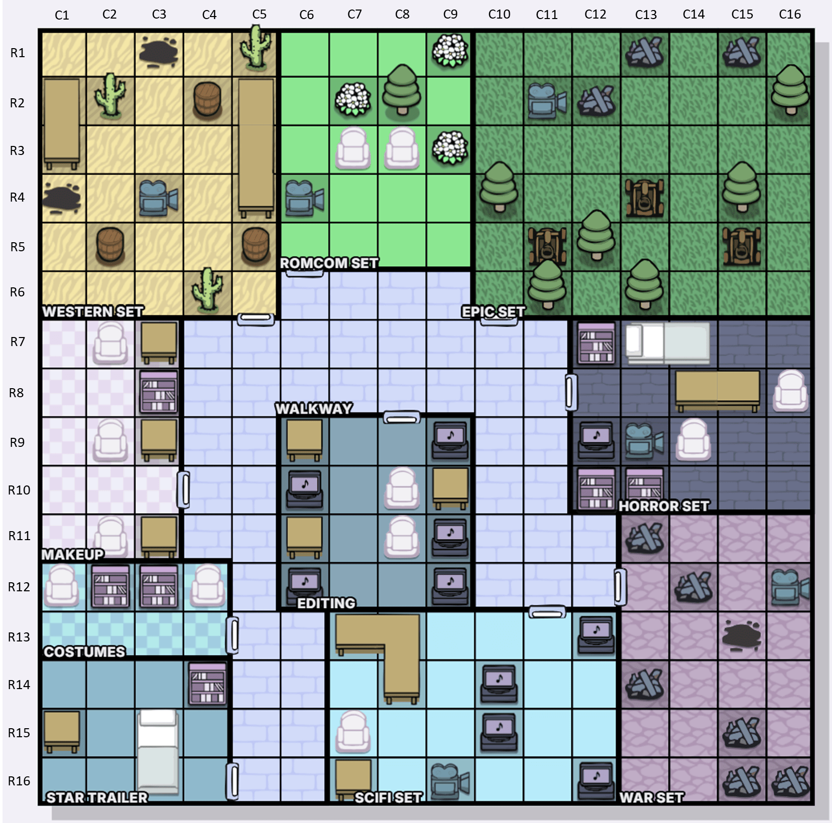 The Movie Studio / El estudio de cine mapa de coordenadas de Murdoku - columnas C1-C16 y filas R1-R16