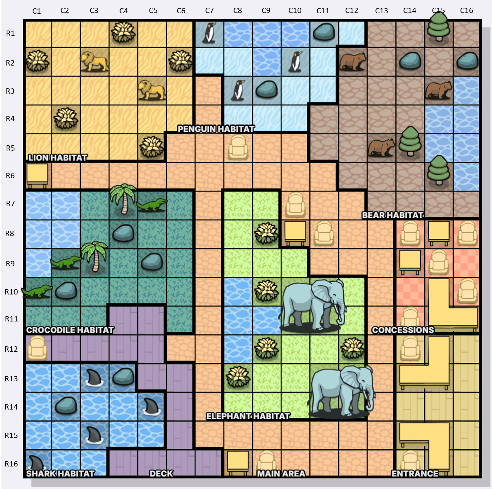 The Zoo / El zoológico mapa de coordenadas de Murdoku - columnas C1-C16 y filas R1-R16